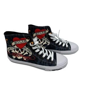 Ed Hardy men’s Black Heart Skull HI TOP shoes sneakers embroidered logo 10 NWOB